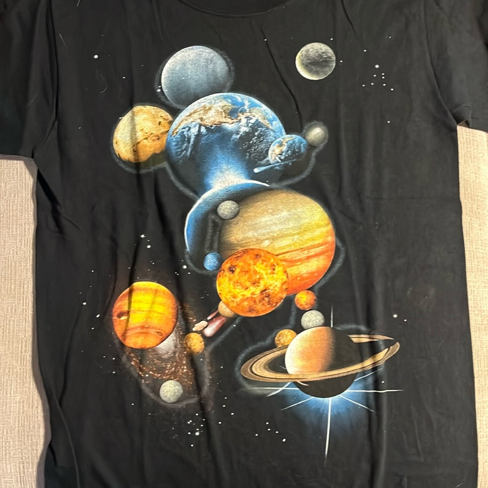 EUC Disney Mickey Hanes Solar System silhouette black tee 100% cotton incredible